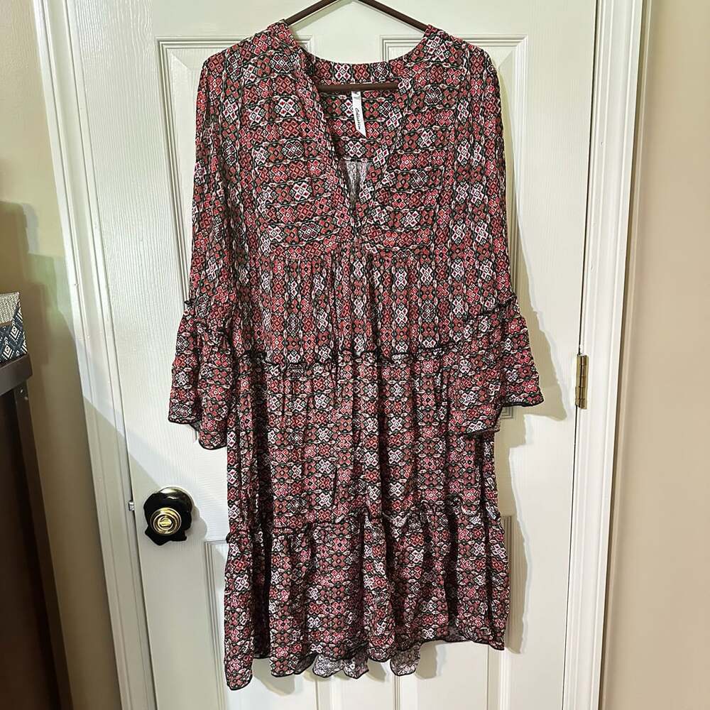 Ny Collection Tiered Midi Dress Size M Red Geometric Print Long Sleeve